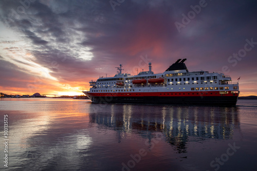 The coast passenger ship Ms Nordlys arrives at Brønnøysund port in Nordland County