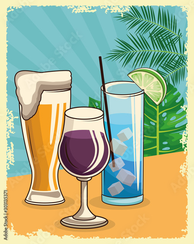 beer glass with wine glass and tropical cocktail