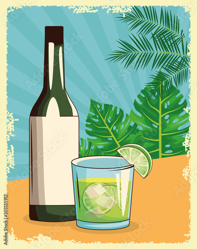 cocktail and liquor bottle over tropical leaves and retro style background