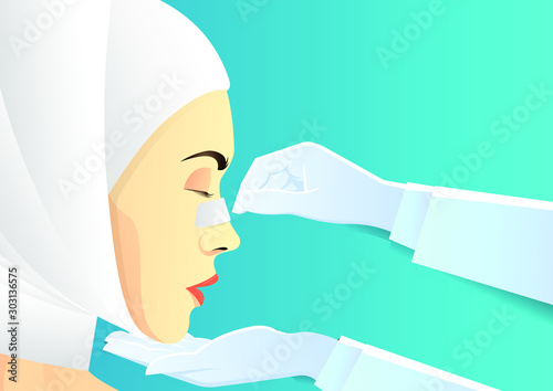 stock vector of women using bandage after plastic surgery. side view women face. describe of plastic surgery, surgical cosmetic procedure. for advertising and medical publications.