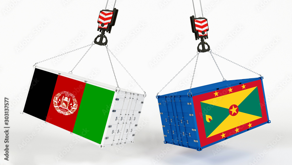 Grenada and Afghanistan flags on opposing cargo containers