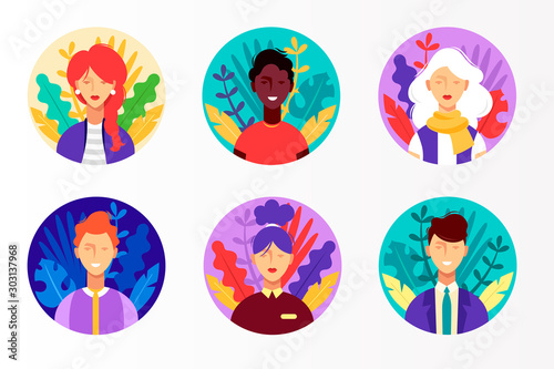 Set of colorful vector icons. Multinational team. Natural modern design. Flat style.