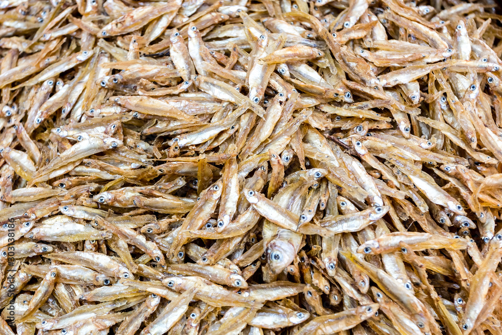 Texture food background of stockfish. Small dried fish at a street market in Kathmandu, Nepal.