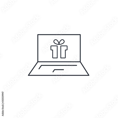 Laptop and gift sign. Bonus. Simple vector linear icon on a white background.