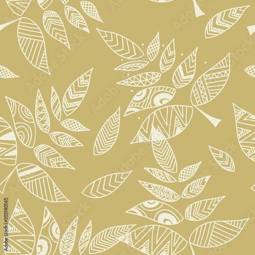 Gold background with geometric pattern branch and leaves, nature ornament, floral decorative element, vector design.