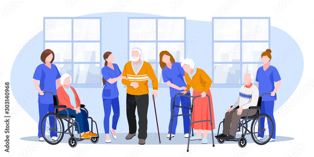 Nurse taking care about seniors people in hospital. Vector flat cartoon illustration. - obrazy, fototapety, plakaty 