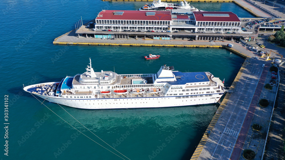 Aerial drone panoramic photo of famous busy port of Piraeus which is the largest in Greece and Mediterranean sea, Attica Aerial drone panoramic photo of famous busy port of Piraeus which is the largest in Greece and Mediterranean sea, Attica