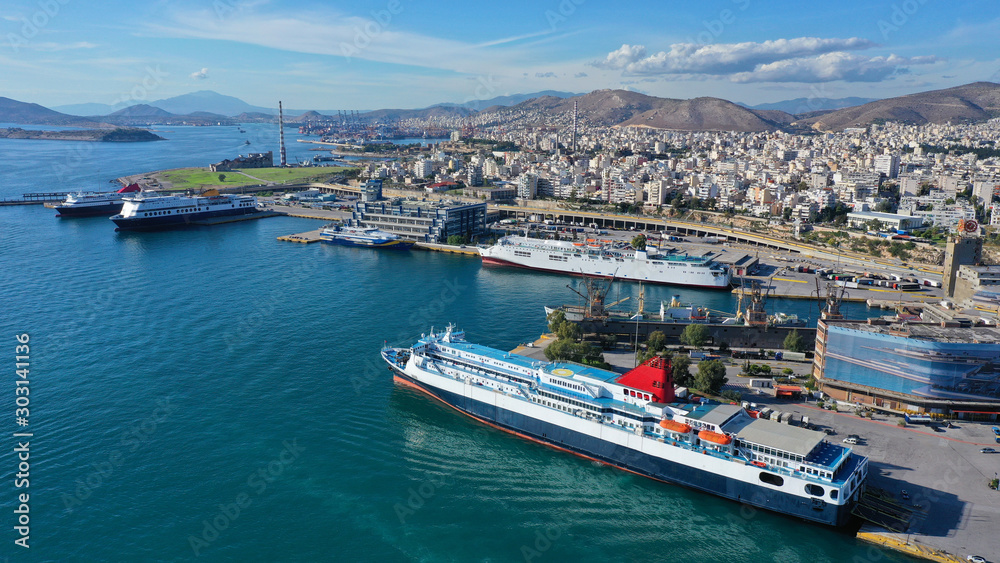 Aerial drone panoramic photo of famous busy port of Piraeus which is the largest in Greece and Mediterranean sea, Attica