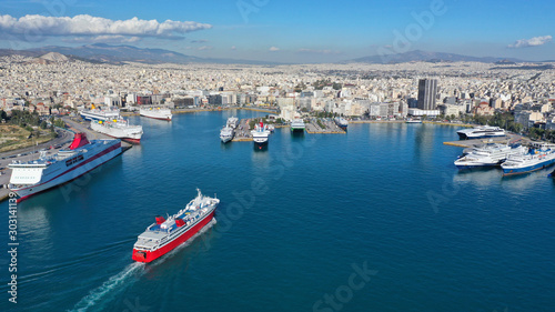 Aerial drone panoramic photo of famous busy port of Piraeus which is the largest in Greece and Mediterranean sea, Attica © aerial-drone