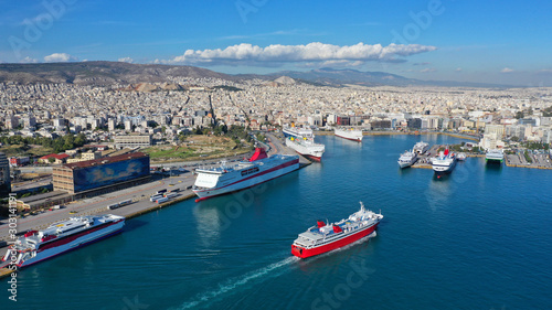 Aerial drone panoramic photo of famous busy port of Piraeus which is the largest in Greece and Mediterranean sea, Attica