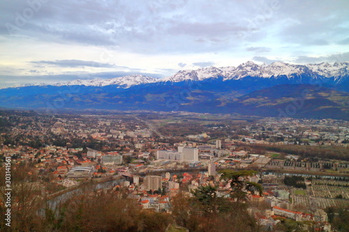 Alpes and cityscape of Grenoble city from Fort de la Bastille at dusk, France © XuanTruong