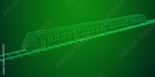 Modern high speed train on straight rails. Railway wireframe low poly mesh vector illustration