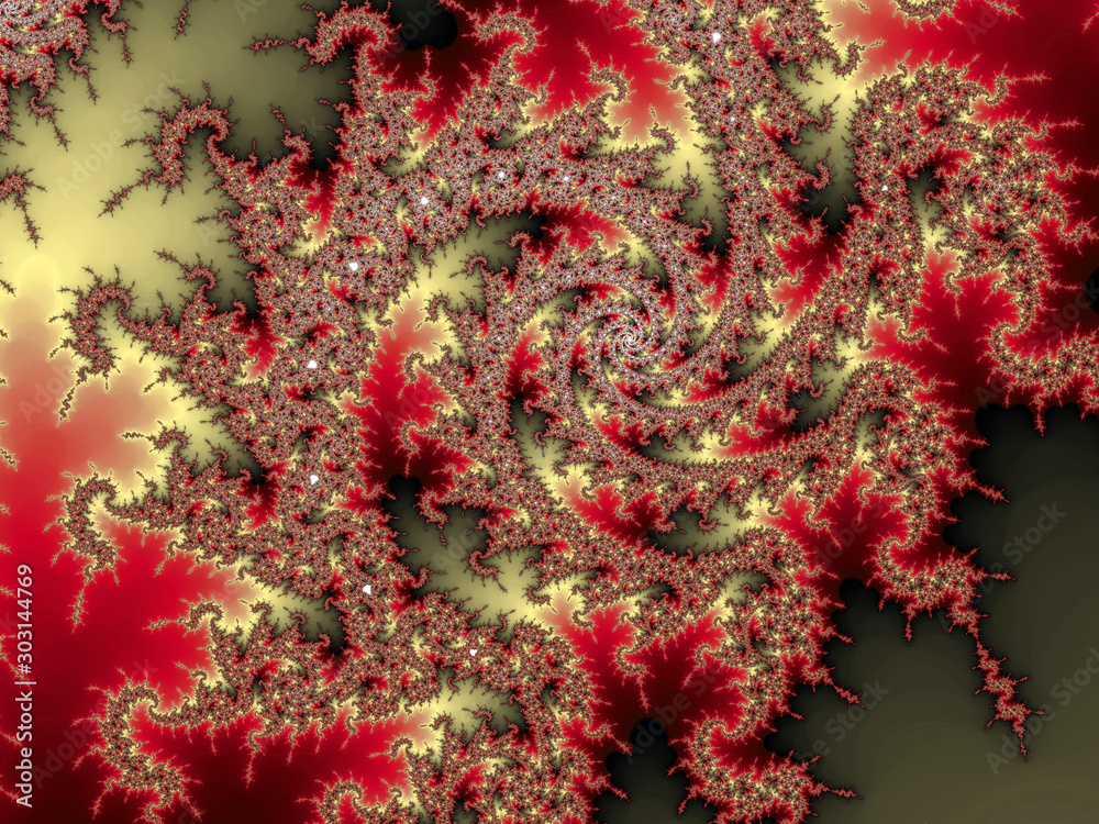 Red and gold fractal spiral, digital artwork for creative graphic design