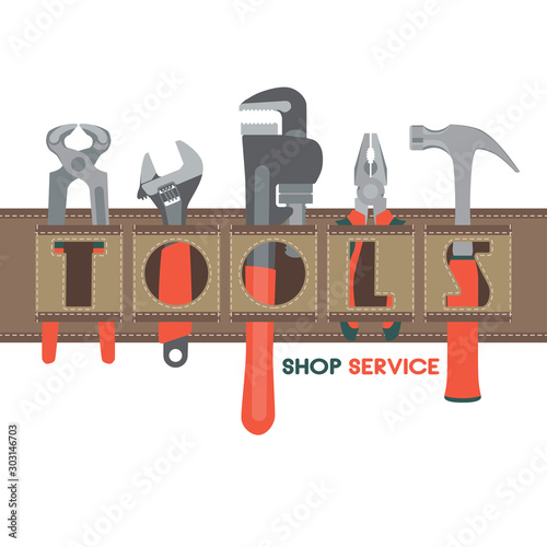 Tool belt. Banner for building tools shop service. Vector.