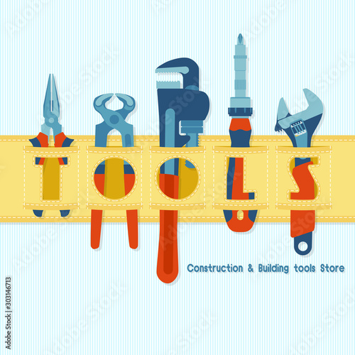 Tool belt. Banner for construction & building tools store. Vector.