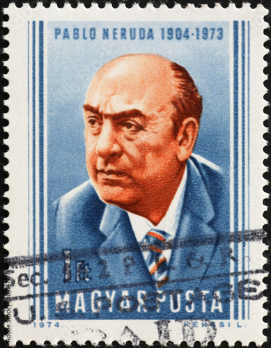 Portrait of Pablo Neruda on postage stamp photo