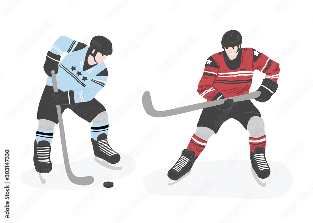 Obraz premium vector flat illustration with people skating in rink: men play hockey