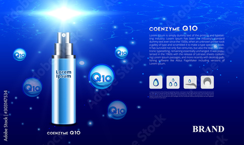 Cosmetic skin care spray serum coenzyme q10 under blue ocean background concept with sunlight 3d Packaging brand design vector illustration