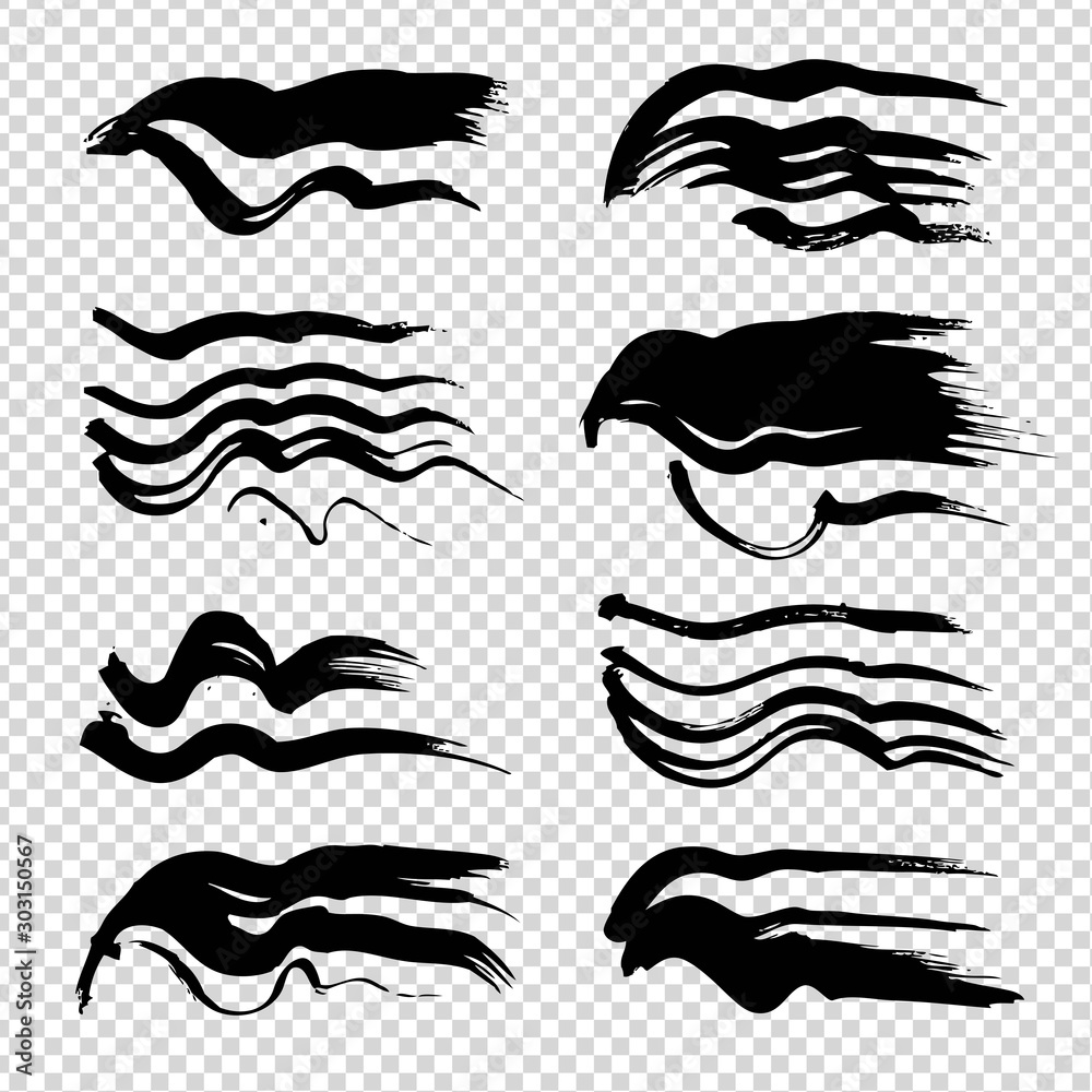Black textured abstract wavy brushstrokes of different smear saturation isolated on imitation transparent background Black textured abstract wavy brushstrokes of different smear saturation isolated on imitation transparent background