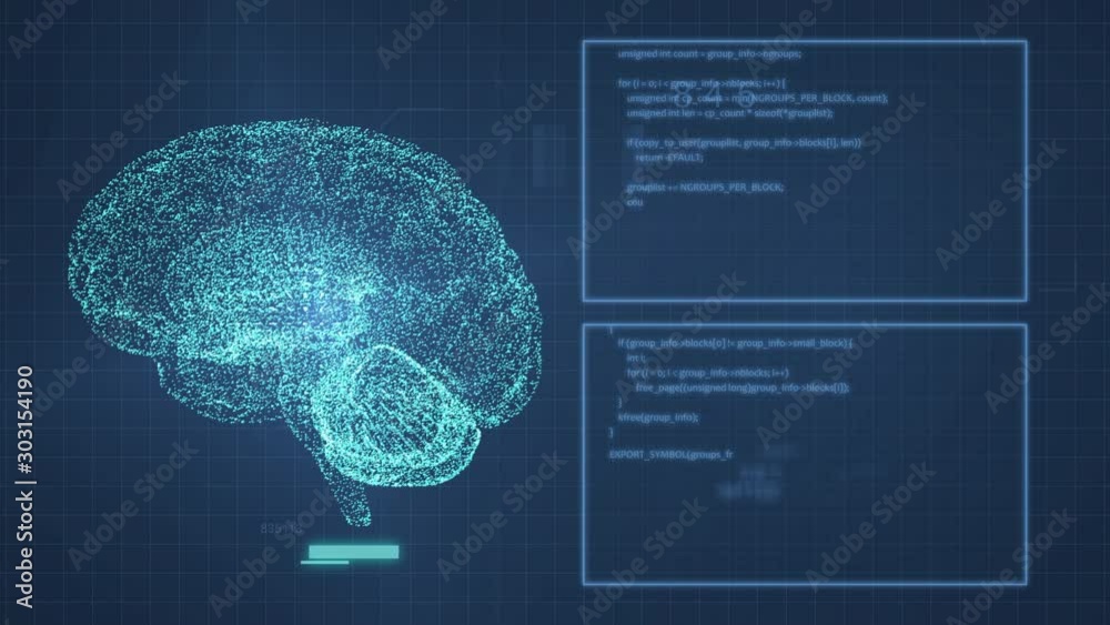 Digital 3D brain scan spinning with hologram style background 01