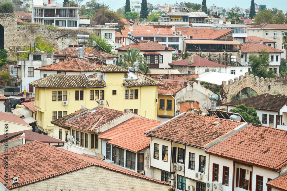 Old town Kaleici in Antalya, Turkey - travel background. Top view of the roofs of houses