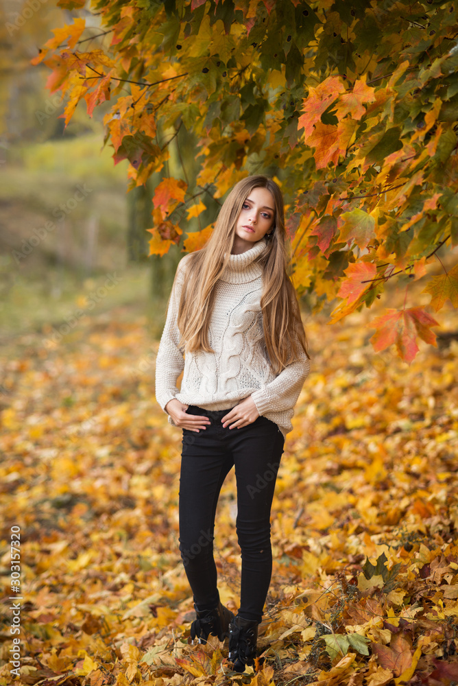 pensive young long haired girl in a light sweater against the background of yellow autumn trees pensive young long haired girl in a light sweater against the background of yellow autumn trees