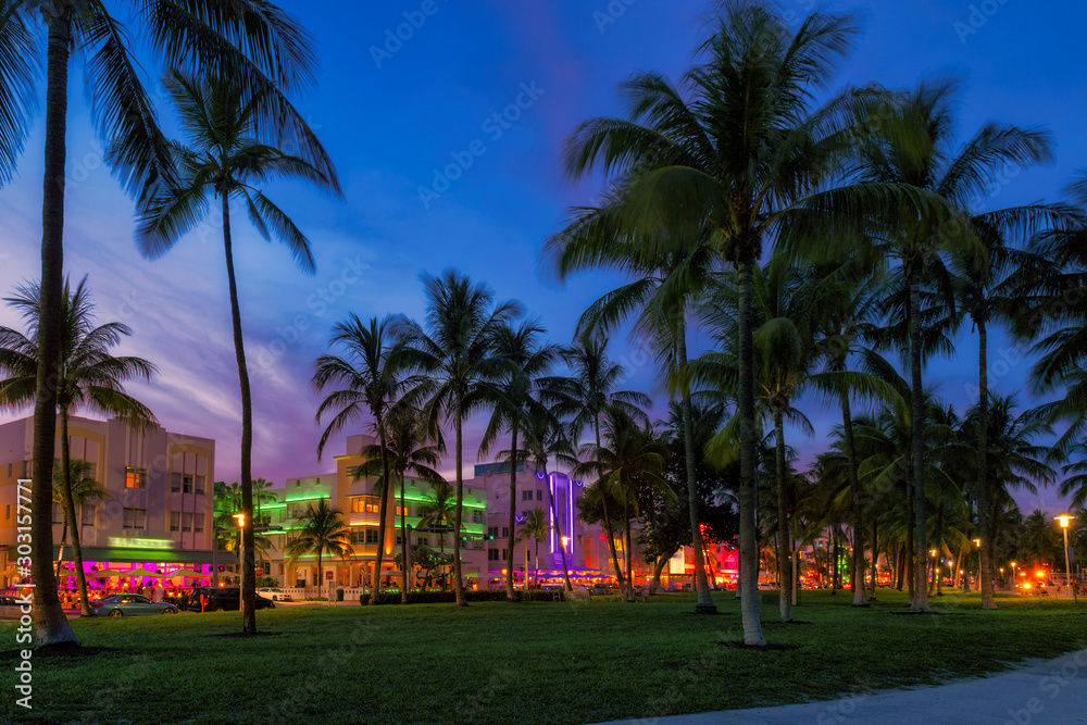 Colorful Ocean Drive in Miami Beach at night, Florida Colorful Ocean Drive in Miami Beach at night, Florida