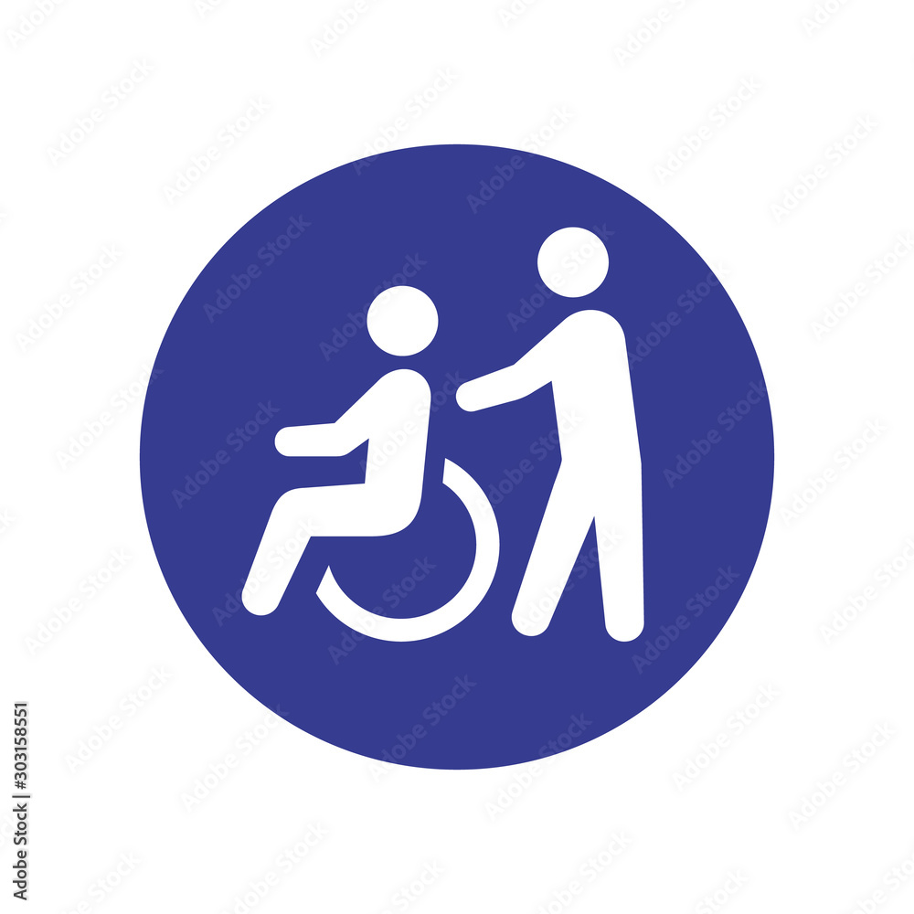 A man pushing a wheelchair with a patient line icon for web, mobile and infographics. Vector light blue icon isolated on blue background. A man pushing a wheelchair with a patient line icon for web, mobile and infographics. Vector light blue icon isolated on blue background.