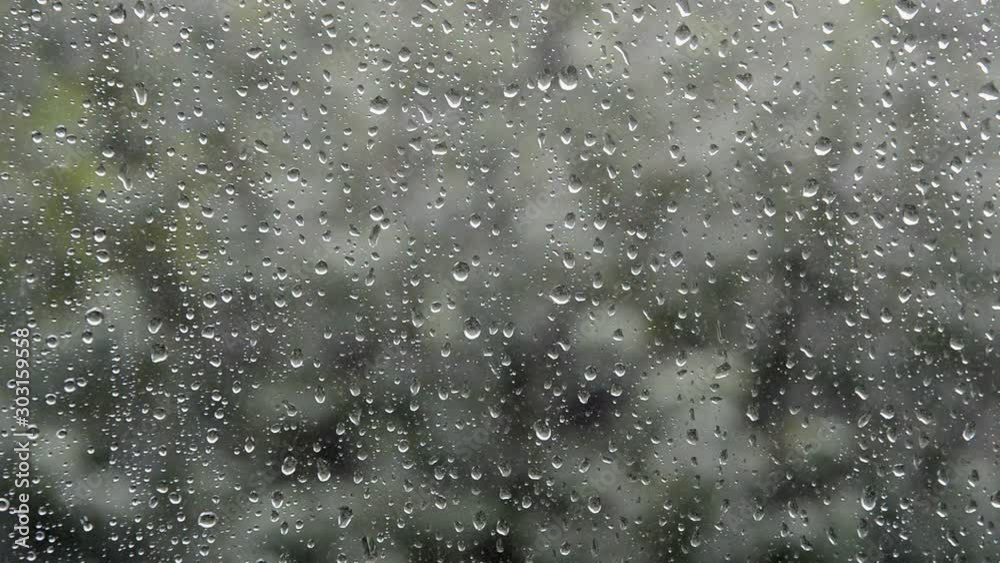 strong rain water drops fall and flow outside home glass window on bad summer day weather and green trees blur background, selective focus of closeup full hd stock video footage in real time