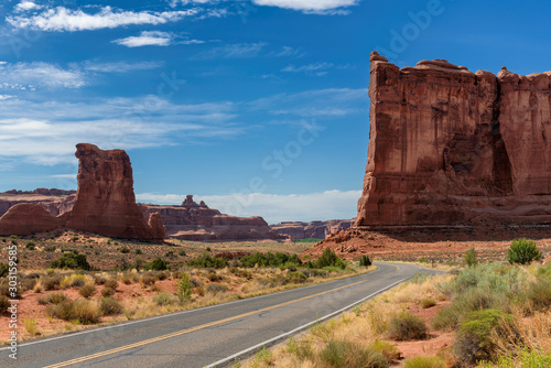 Driving on a scenic road at Arches National Park, Utah, USA