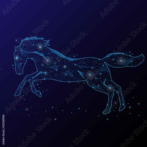Abstract image horse  in the form of a starry sky or space, consisting of points, lines, and shapes in the form of planets, stars and the universe. 3D Low poly vector background