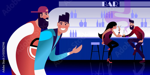 Friends meeting in the bar in the evening. Flat vector illustration.