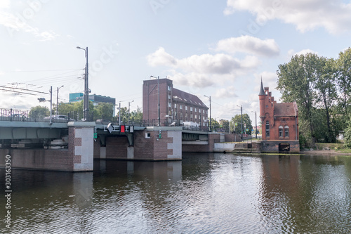 View Pregolya river with High Bridge and Caretaker's House in Kaliningrad, Russia.
