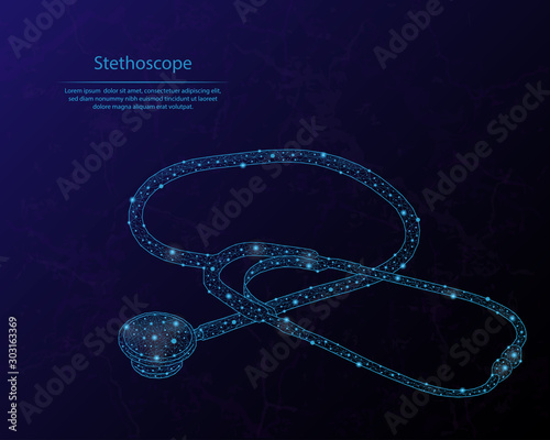 Abstract image of a stethoscope in the form of a starry sky or space, consisting of points, lines, and shapes in the form of planets, stars and the universe. 3D Low poly vector background.