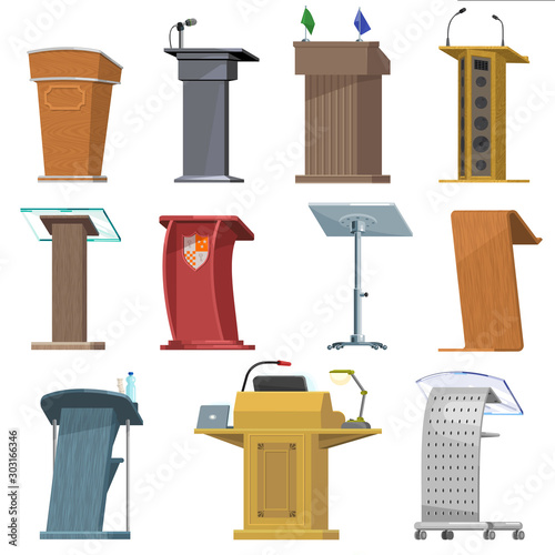 Rostrum vector podium stand for speaker speech presentation on business conference illustration seminar communication set of grandstand public debate tribune on stage isolated on white background