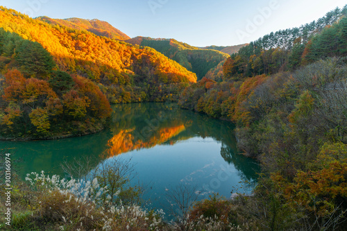 西日で輝く秋のもみじ湖 © kikisora
