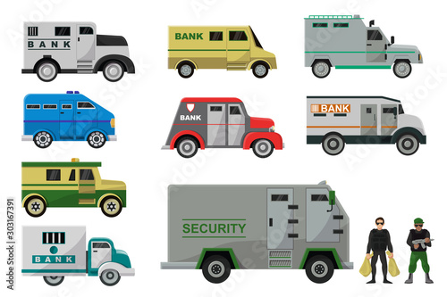 Armored vehicle vector bank cash van transport car illustration armor transportation set of truck with money security people character man in bulletproof isolated on white background