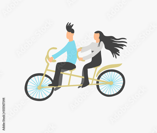 couple of young people ride a double city bike