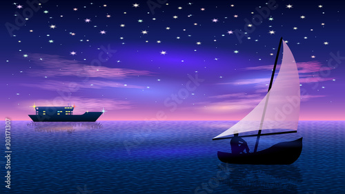 boat at Night starry sky and pink clouds