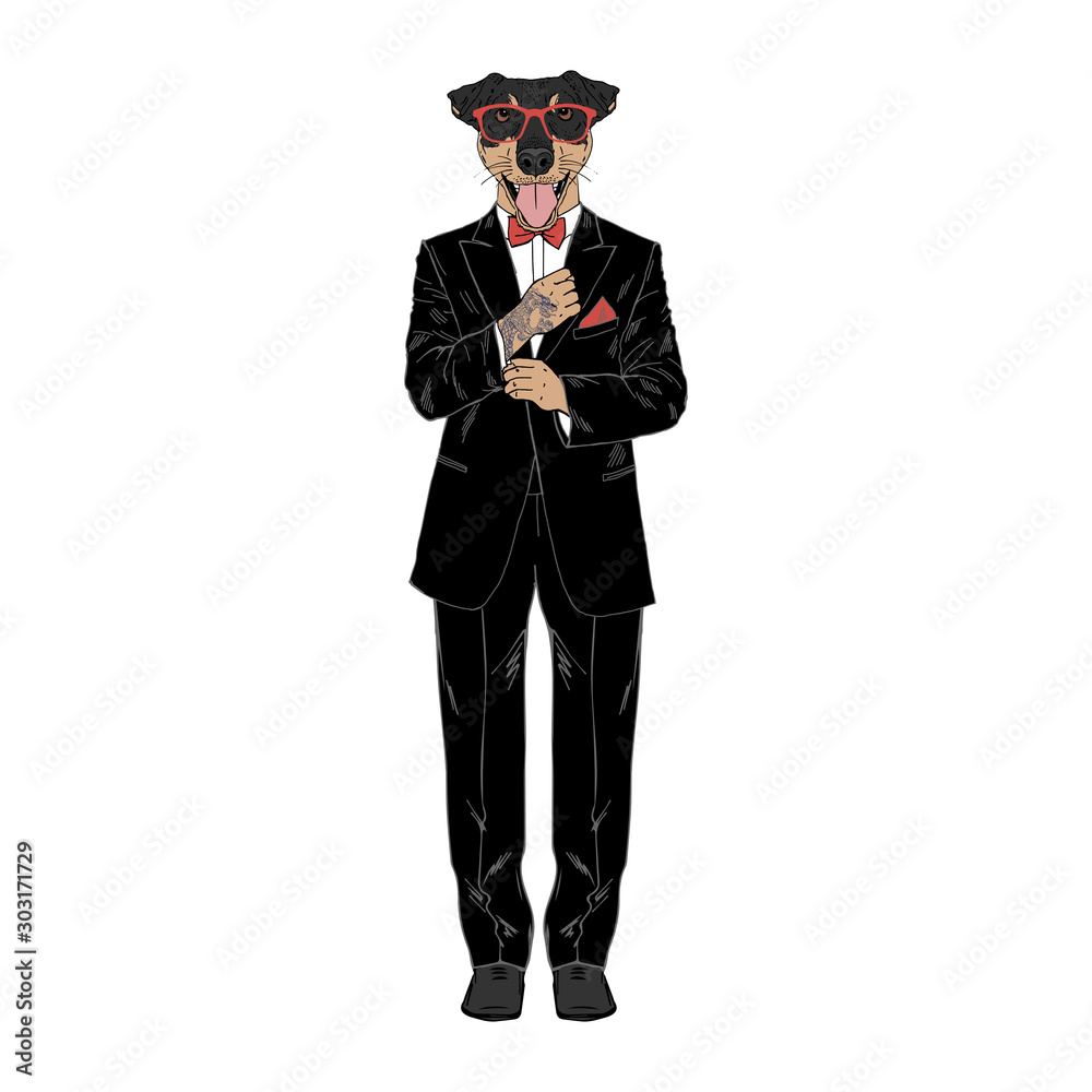 Humanized Jagdterrier, German hunting terrier breed dog with tattoo dressed up in classy outfits. Design for dogs lovers. Fashion anthropomorphic doggy illustration. Animal wear tuxedo, tie bow Humanized Jagdterrier, German hunting terrier breed dog with tattoo dressed up in classy outfits. Design for dogs lovers. Fashion anthropomorphic doggy illustration. Animal wear tuxedo, tie bow