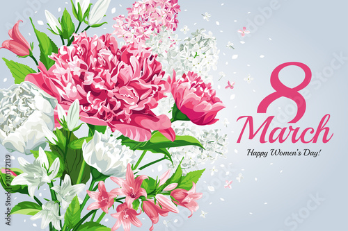 Horizontal 8 March Women's Day greeting card template. Watercolor style with lettering design. Frame with Pink and white flowers: Peonies, Lilacs and Campanulas, isolated on light background. 