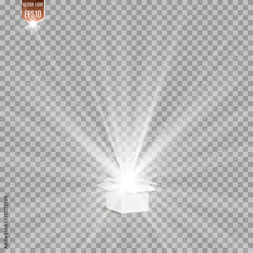 Special lens flash, light effect. The flash flashes rays and searchlight. illust.White glowing light. Beautiful star Light from the rays. The sun is backlit. Bright beautiful star. Sunlight. Glare.