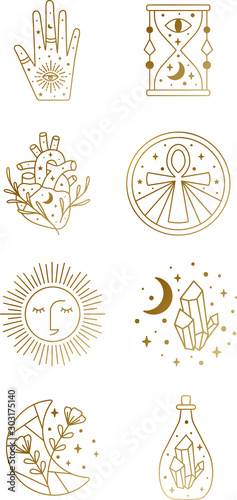 Sacred Witch and Mystical Symbols in Vector featuring hour glass, sun, heart, crystal, hand, moon, Ankh