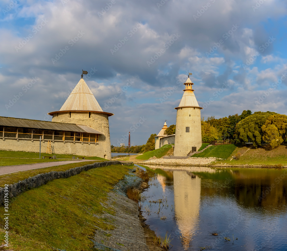 Pskov Krom (Kremlin), historical and architectural center of Pskov. It is located on a narrow and high promontory at the confluence of the Pskov river in the Velikaya river.