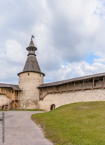 Pskov Krom (Kremlin), historical and architectural center of Pskov. It is located on a narrow and high promontory at the confluence of the Pskov river in the Velikaya river.