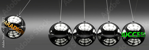 Paradigm and success - the idea that Paradigm helps to achieve success and happiness in business, work and life symbolized by English word Paradigm and a newton cradle, 3d illustration