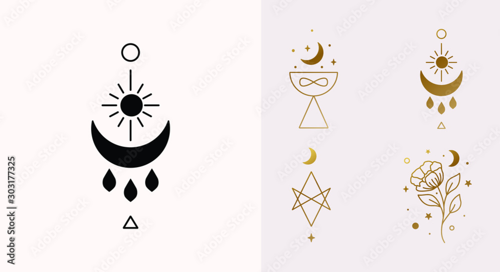 Ethnic Magic and Mystical Logo Set with sun, hexagram, moon, blessing, cup symbols in Vector - obrazy, fototapety, plakaty 