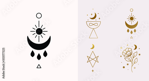 Ethnic Magic and Mystical Logo Set with sun, hexagram, moon, blessing, cup symbols in Vector