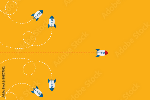 Different Approach - Different Direction. Group of rockets flying in one direction and with one individual flying in the different way, can be used leadership/individuality concepts.