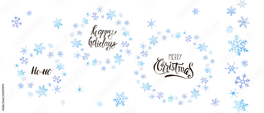 Christmas card with snowflake wreath and festive lettering. Vector set. Can be used for printed materials, prints, posters, cards, logo. Holiday background. Hand drawn decorative winter elements. 